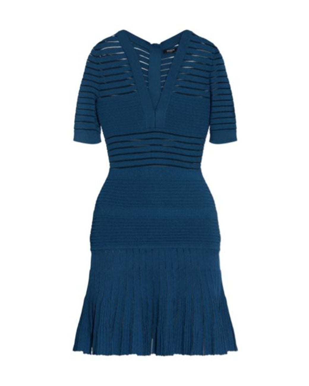 Balmain Blue Sheer Knit Pleated Dress