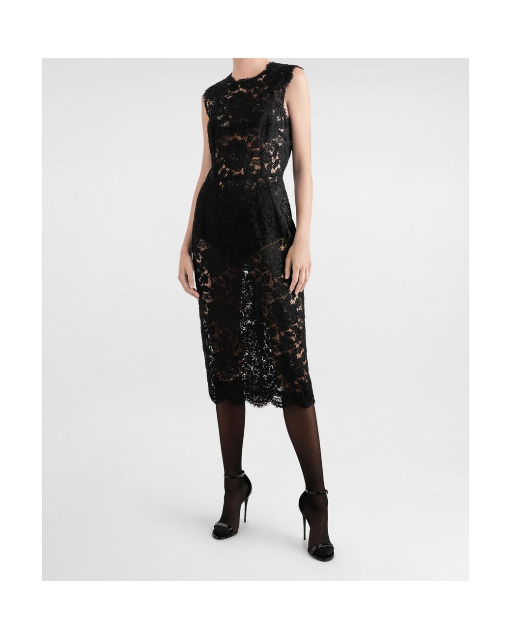 Dolce & Gabbana Black Floral-Lace Scallop Edge Sleeveless Midi Dress