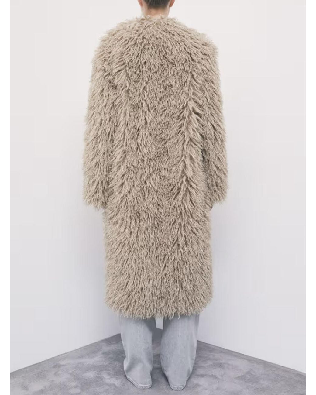 Patrizia Pepe Natural Shaggy Curly Faux Fur Stand-Collar Long Coat