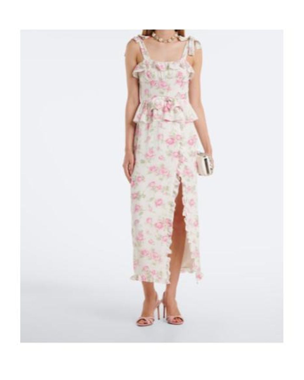 Alessandra Rich White Bow-Detail Floral Ruffled Silk Midi Dress