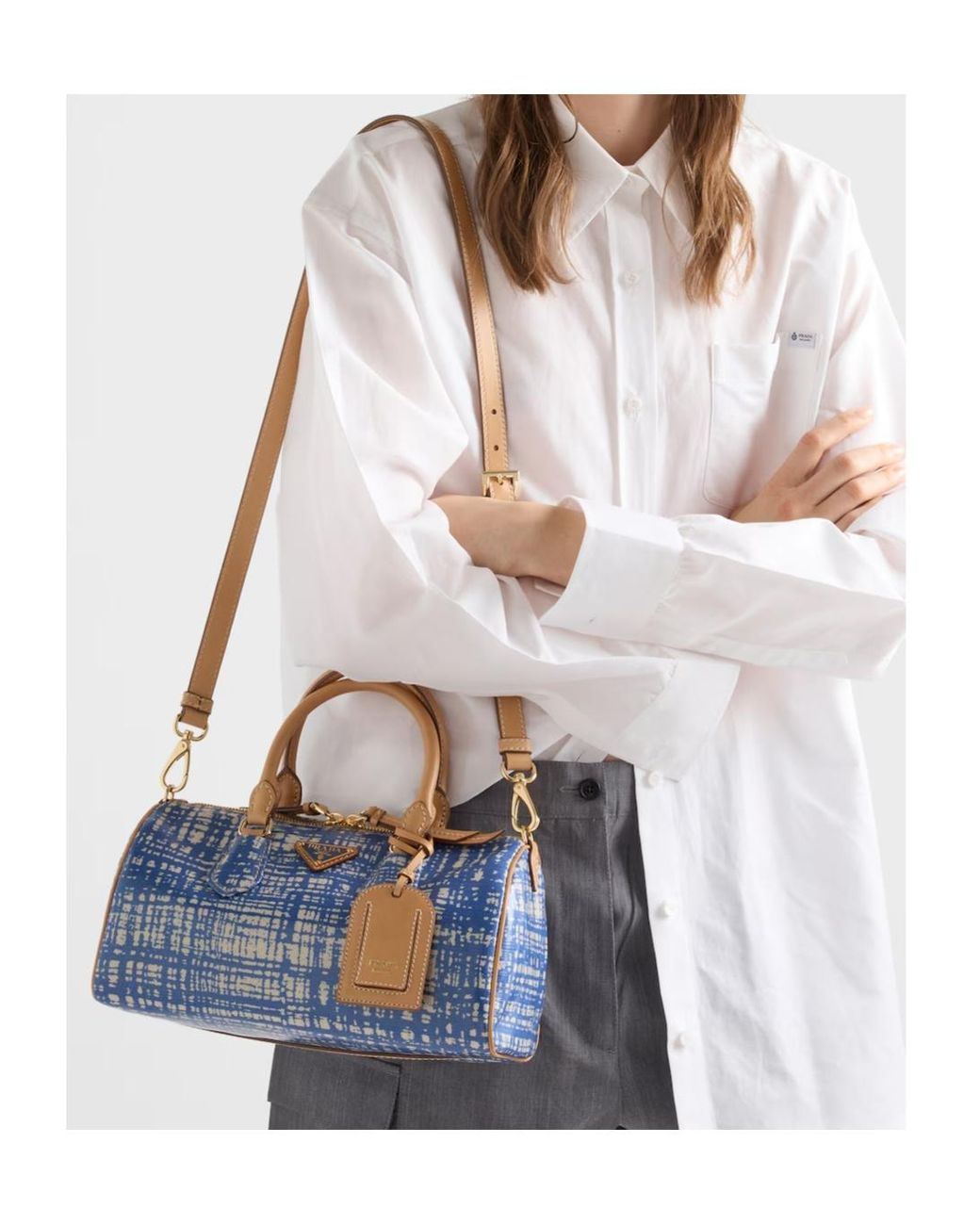 Prada Blue Evasion Small Linen Blend And Leather Top-Handle Bag