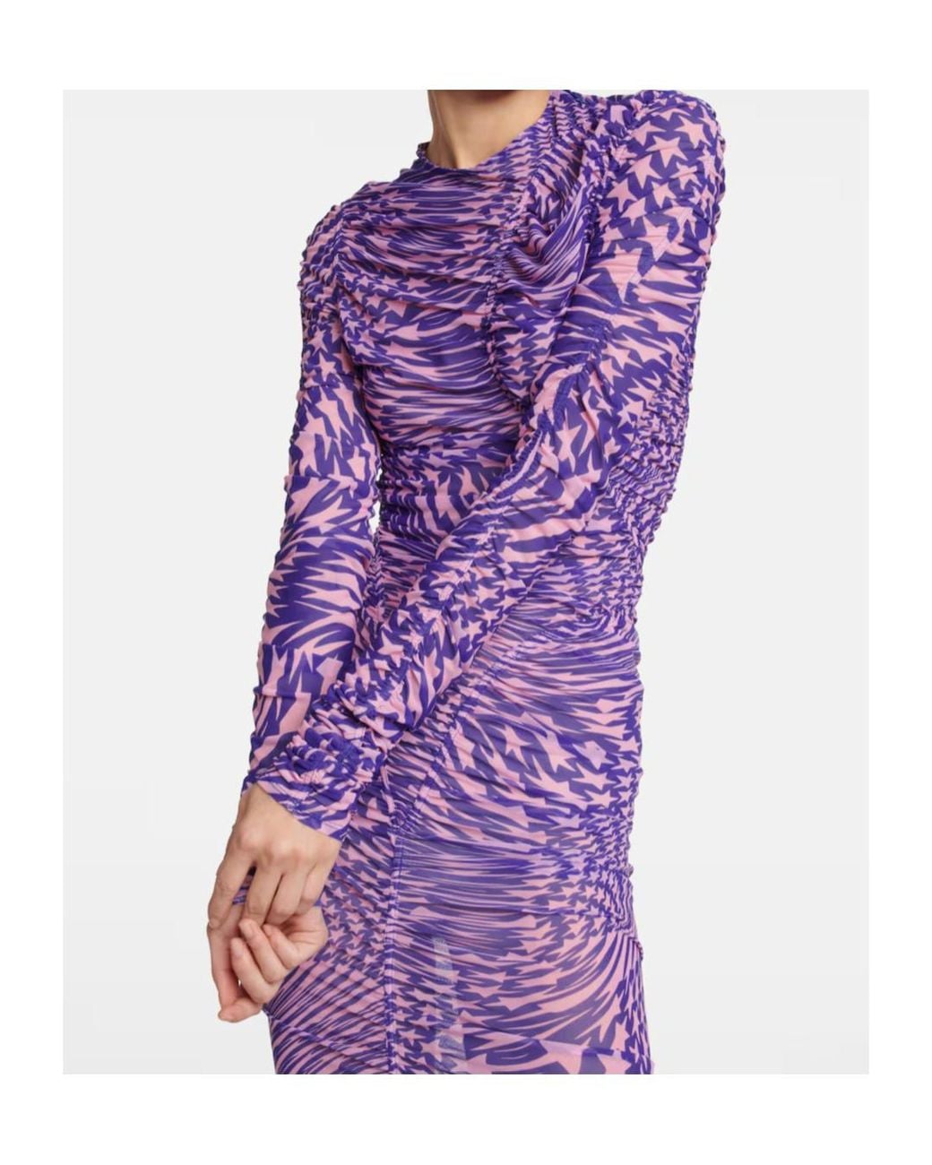 Mugler Purple Pleated Mesh Printed Dress