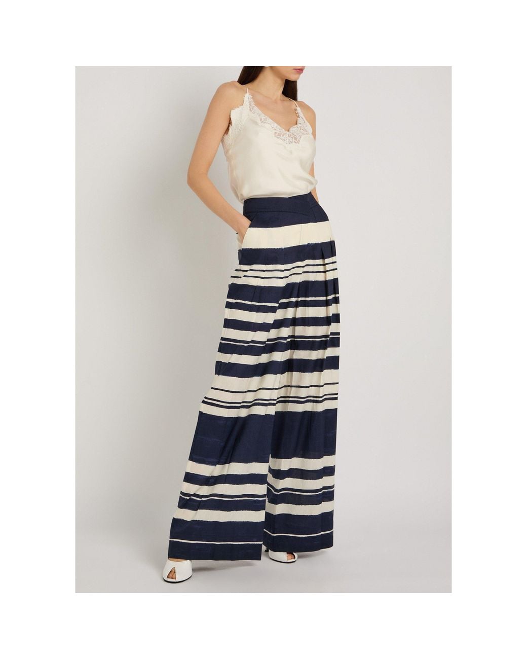 Veronica Beard Blue Striped Linen Wide-Leg Trousers