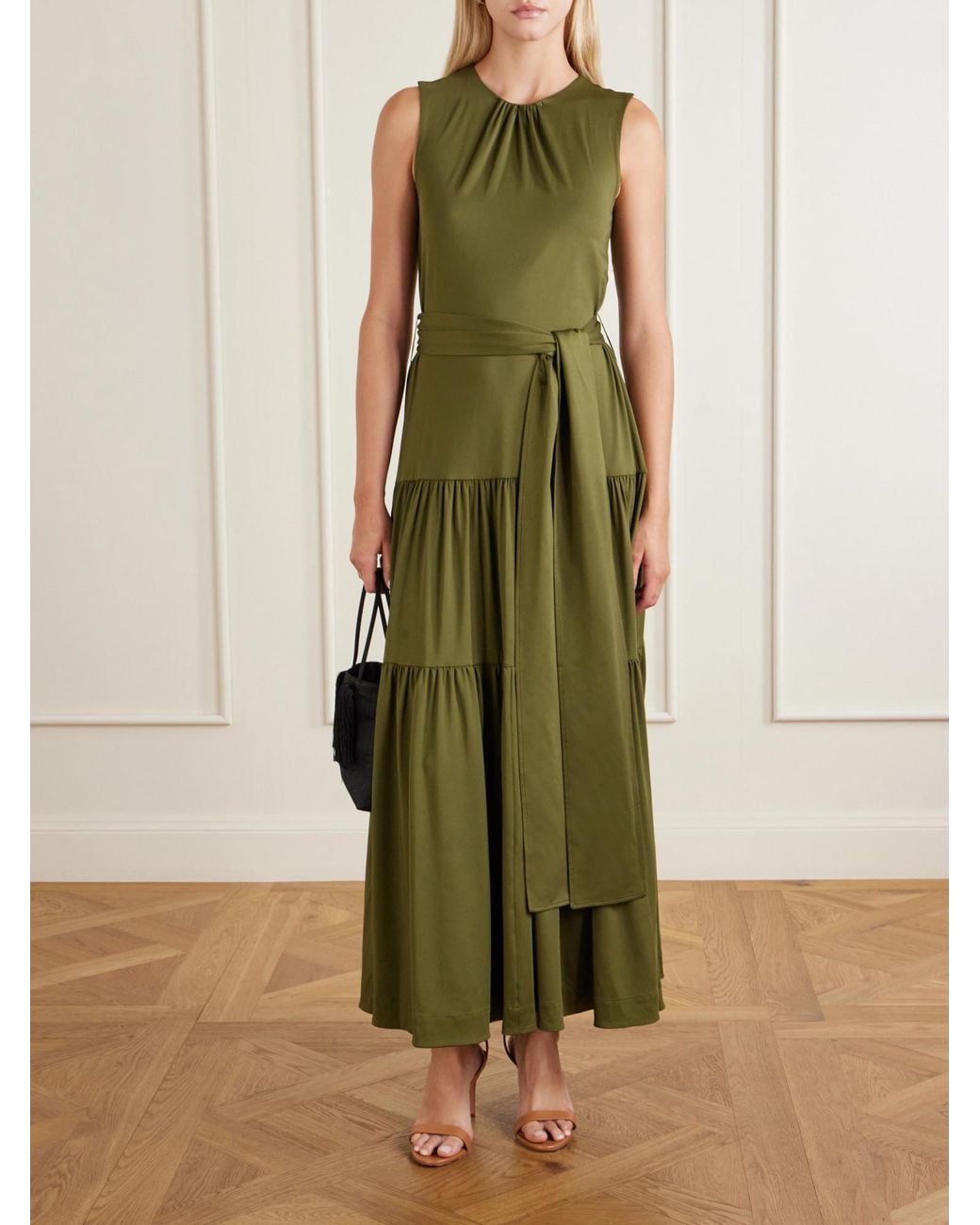 Altuzarra Green Liza Belted Tiered Gathered Jersey Maxi Dress