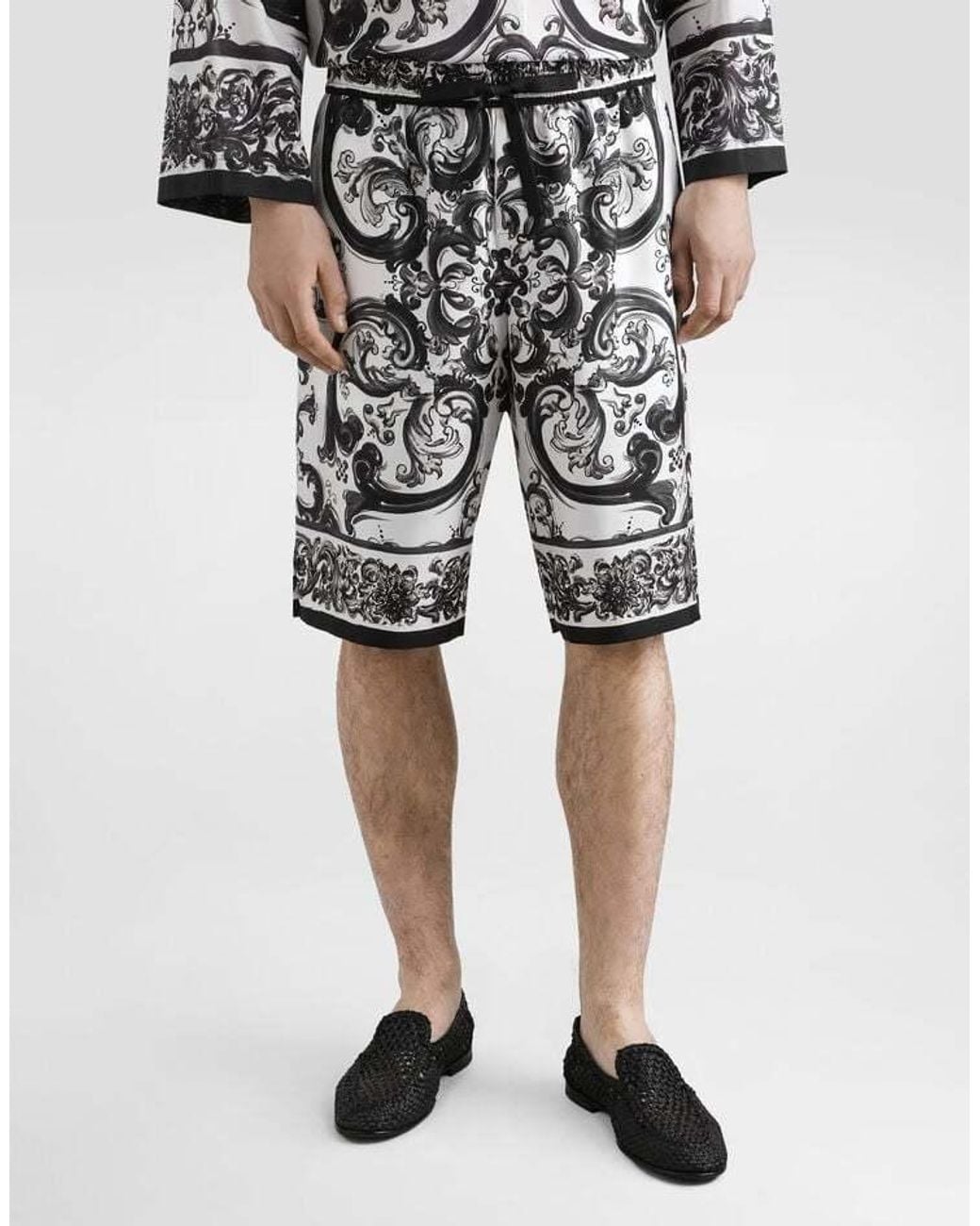 Dolce & Gabbana Black Majolica-Printed Drawstring Shorts for men