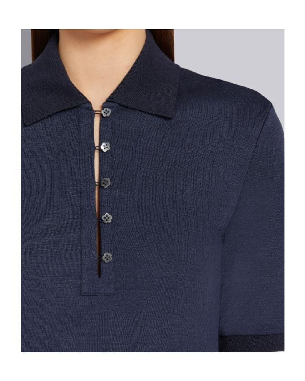 Thom Browne Blue Floral Button-Detail Polo Top