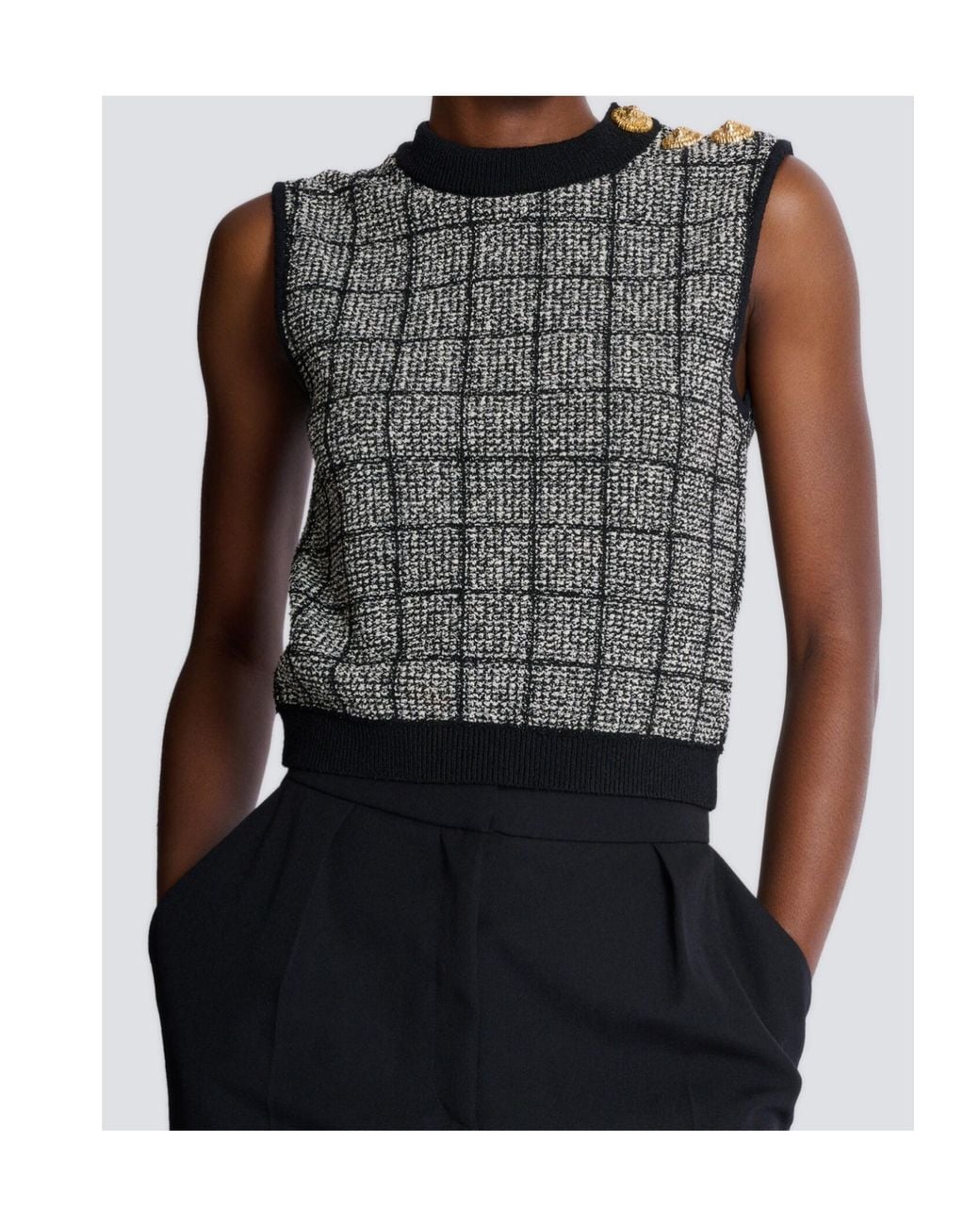 Balmain Gray Tweed Crop Top With Buttons