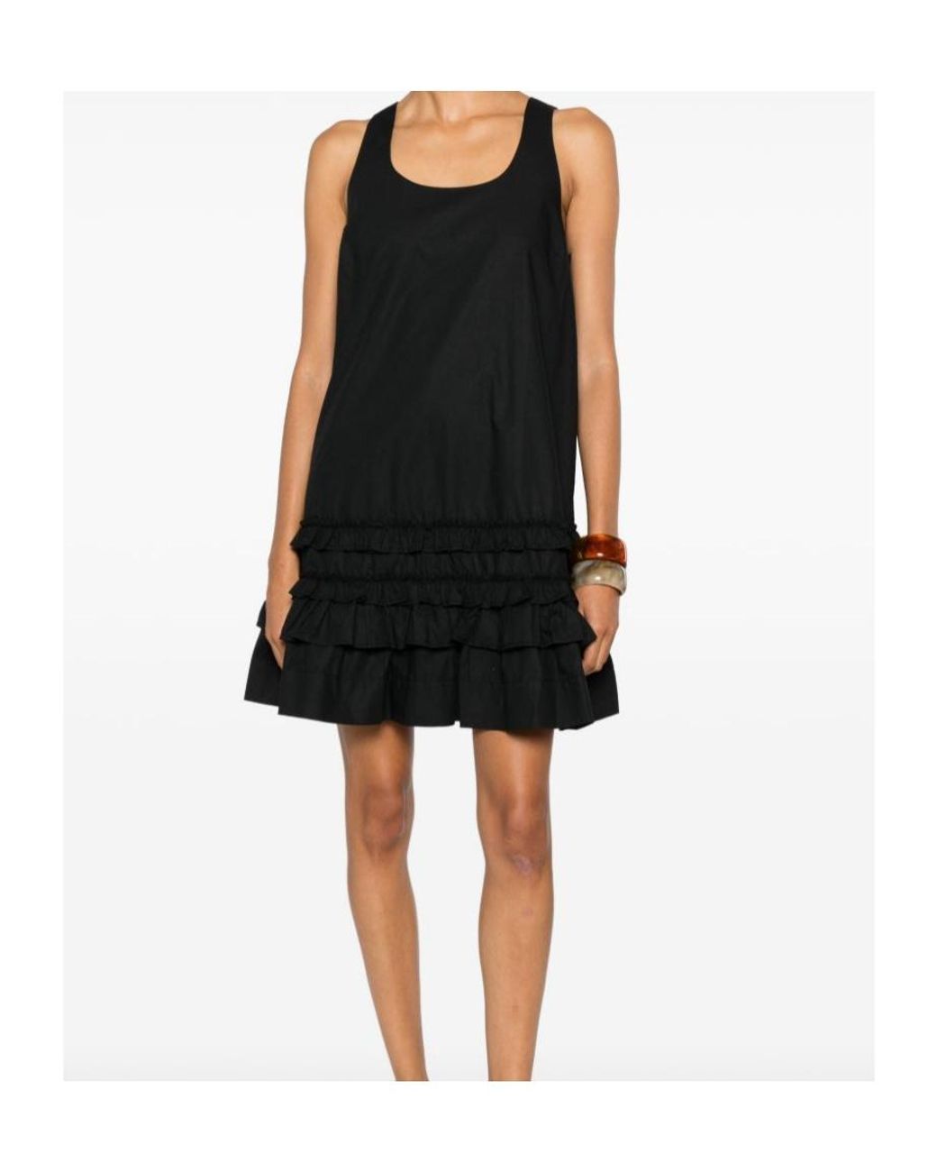 Ganni Black Ruffle-Trim Tie-Fastening Dress