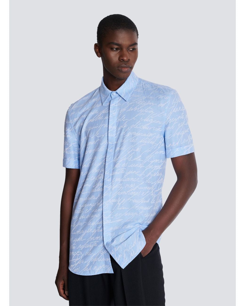 Balmain Blue Love Letter Printed Short-Sleeved Jacquard Shirt for men