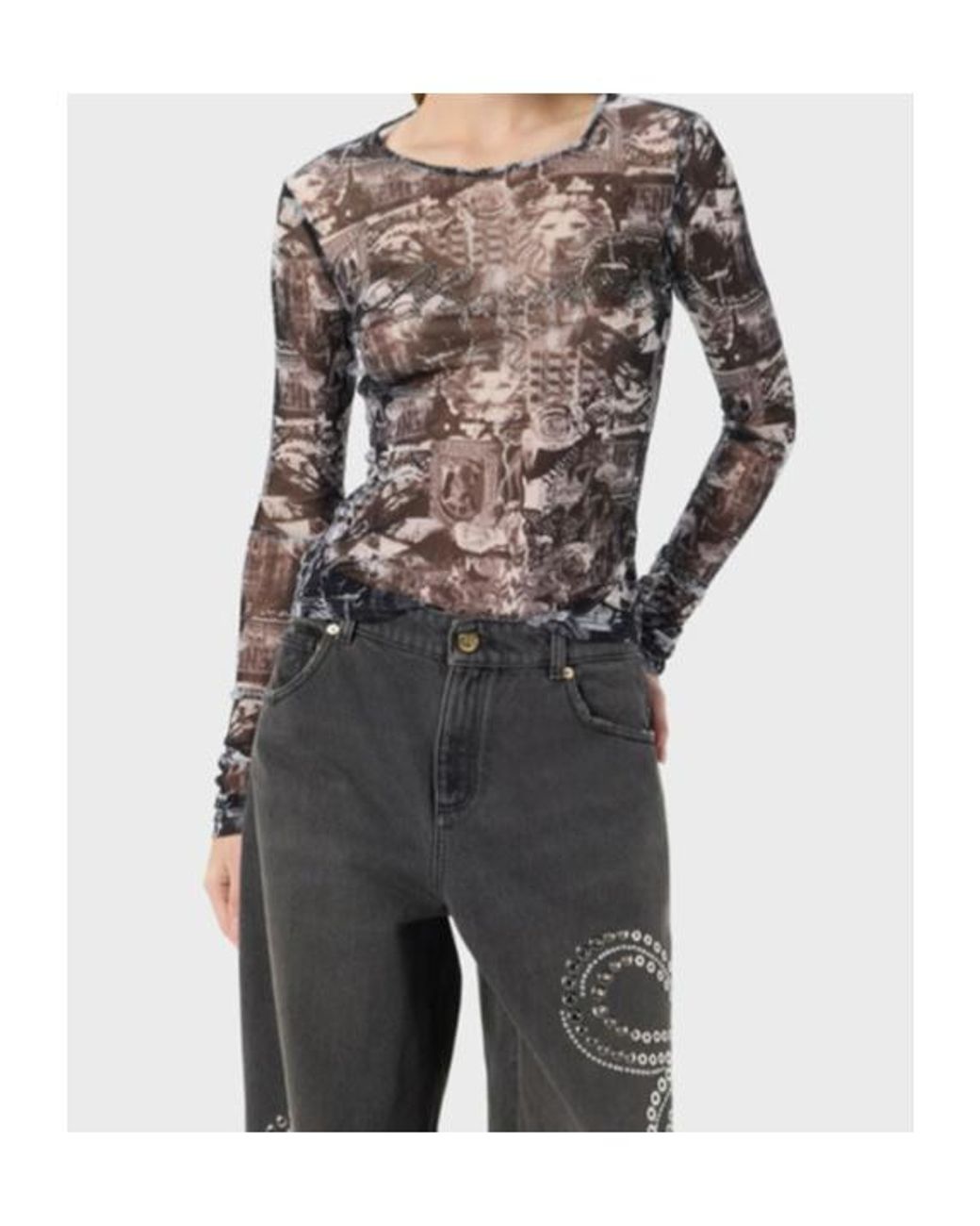 Blumarine Gray Printed Rhinestone Logo Top