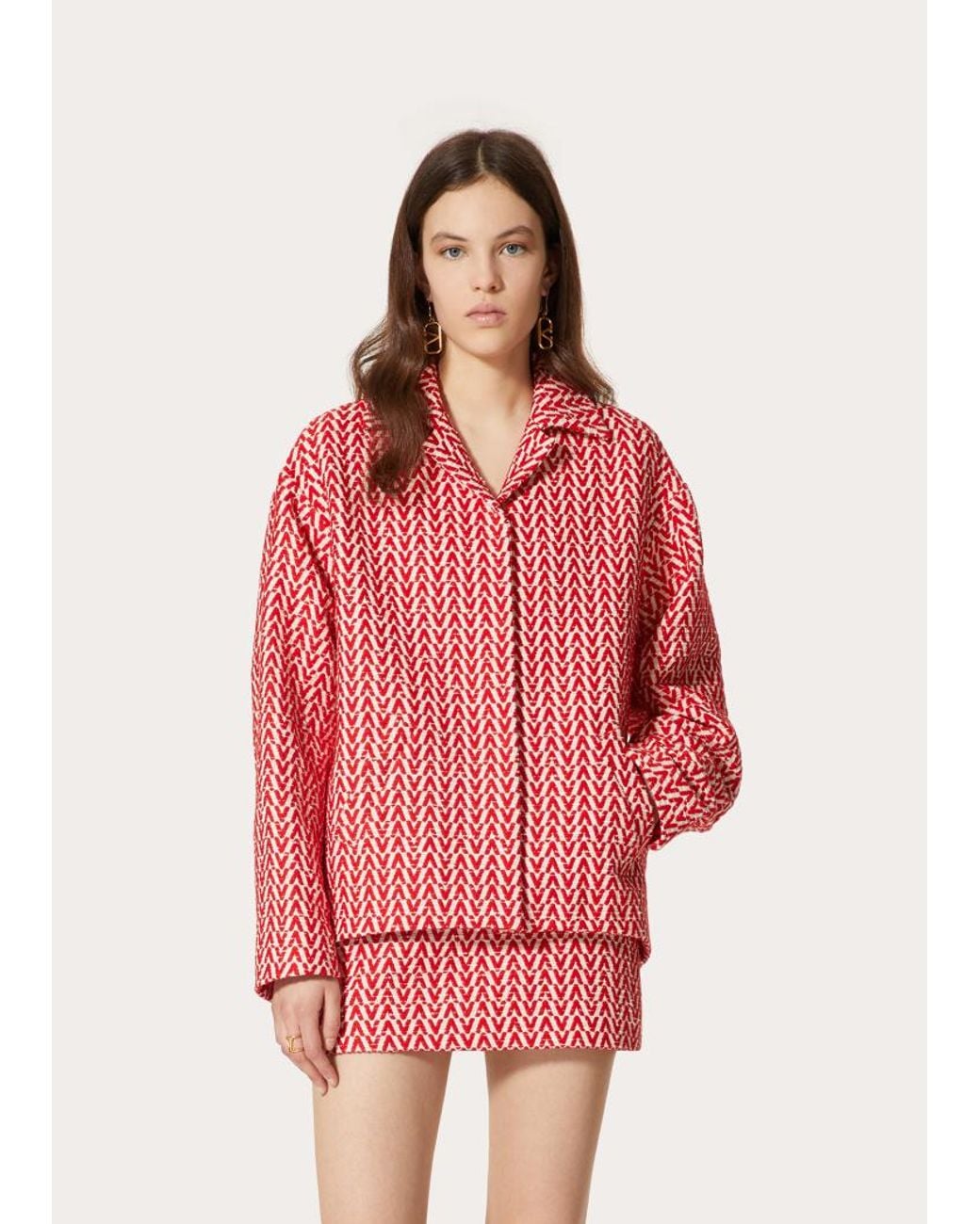 Valentino Red Optical Bouclé Classic-Collar Jacket