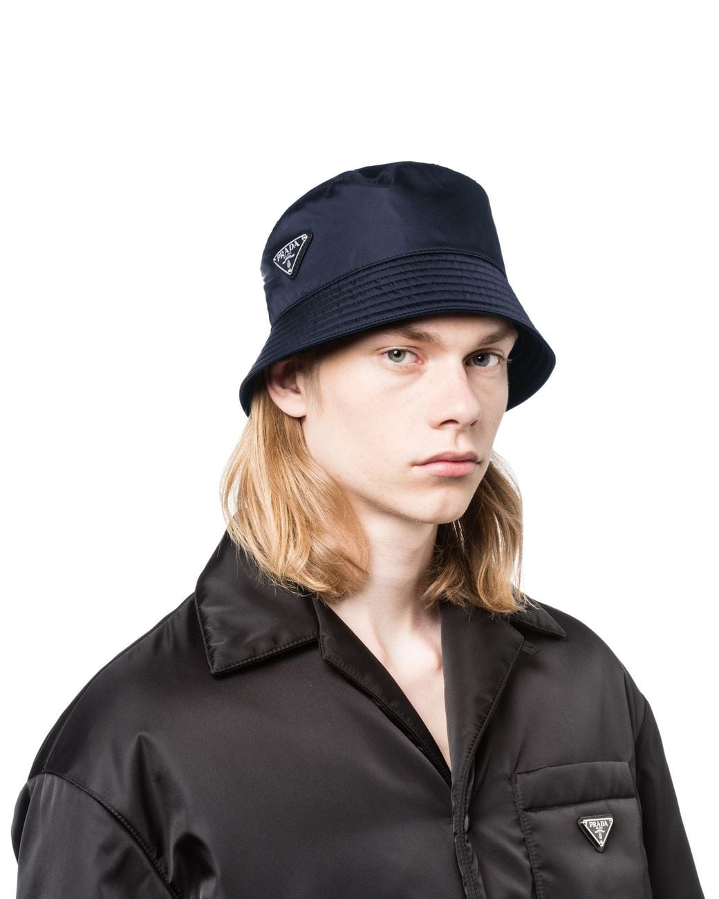 Prada Blue Logo Plaque Bucket Hat for men