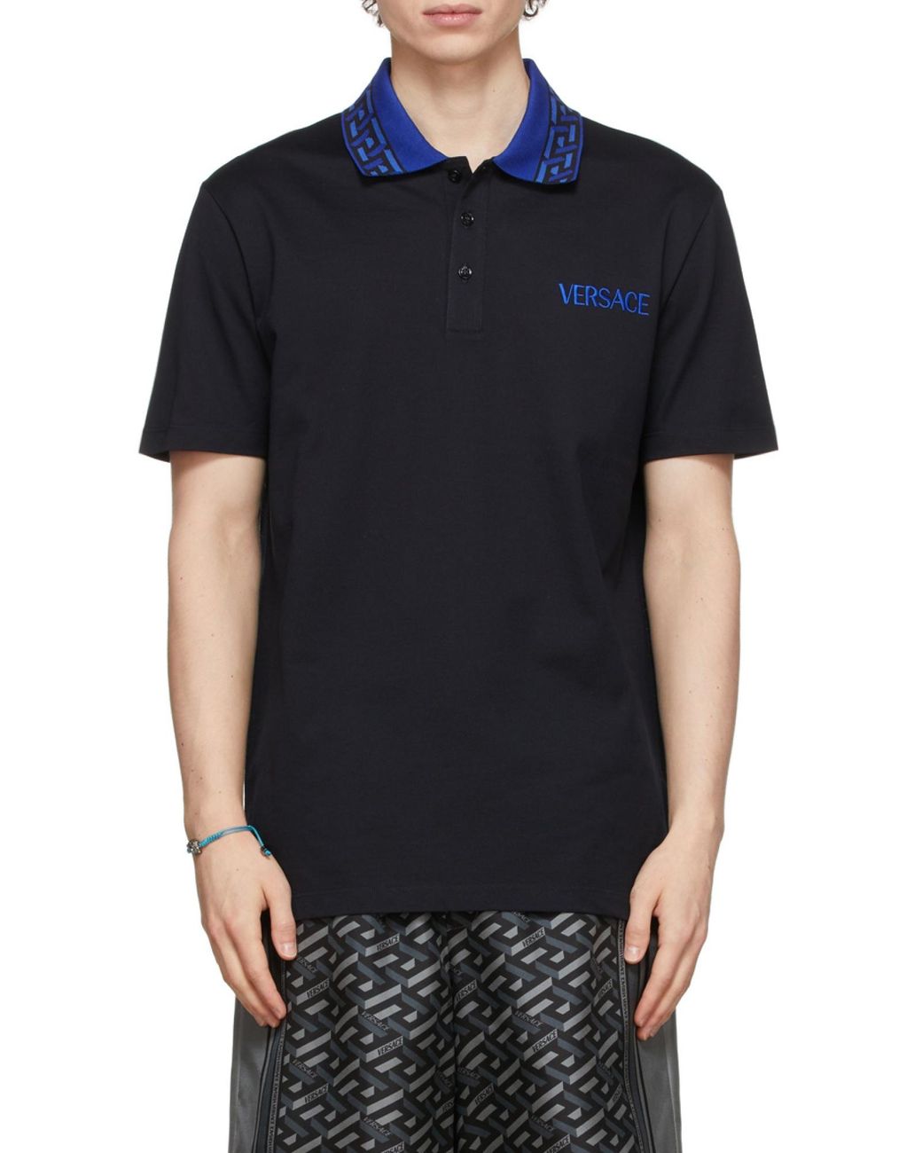 Versace Black Intarsia Logo Short-Sleeved Polo Shirt for men