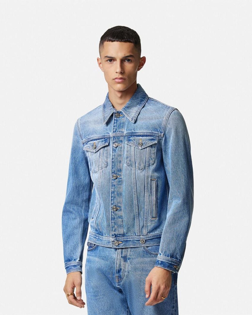 Versace Blue Medusa Biggie-Embellished Buttoned Denim Jacket for men