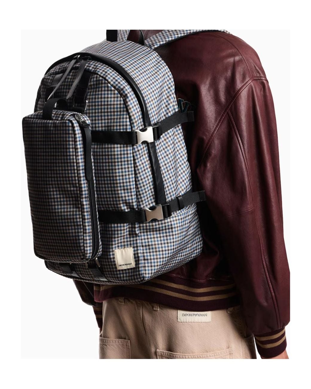 Emporio Armani Gray Eagle Club Capsule Collection Checked Nylon Backpack for men