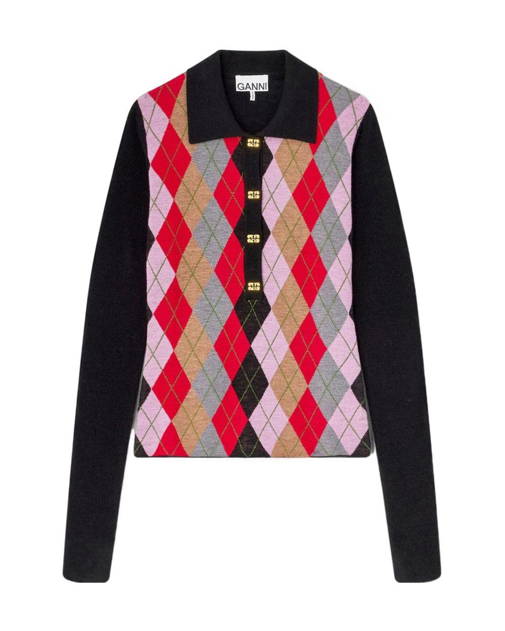 Ganni Red Fine Merino Harlequin Polo