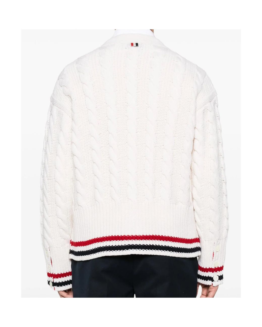 Thom Browne White V-Neck Long-Sleeved Knitted Sweater for men