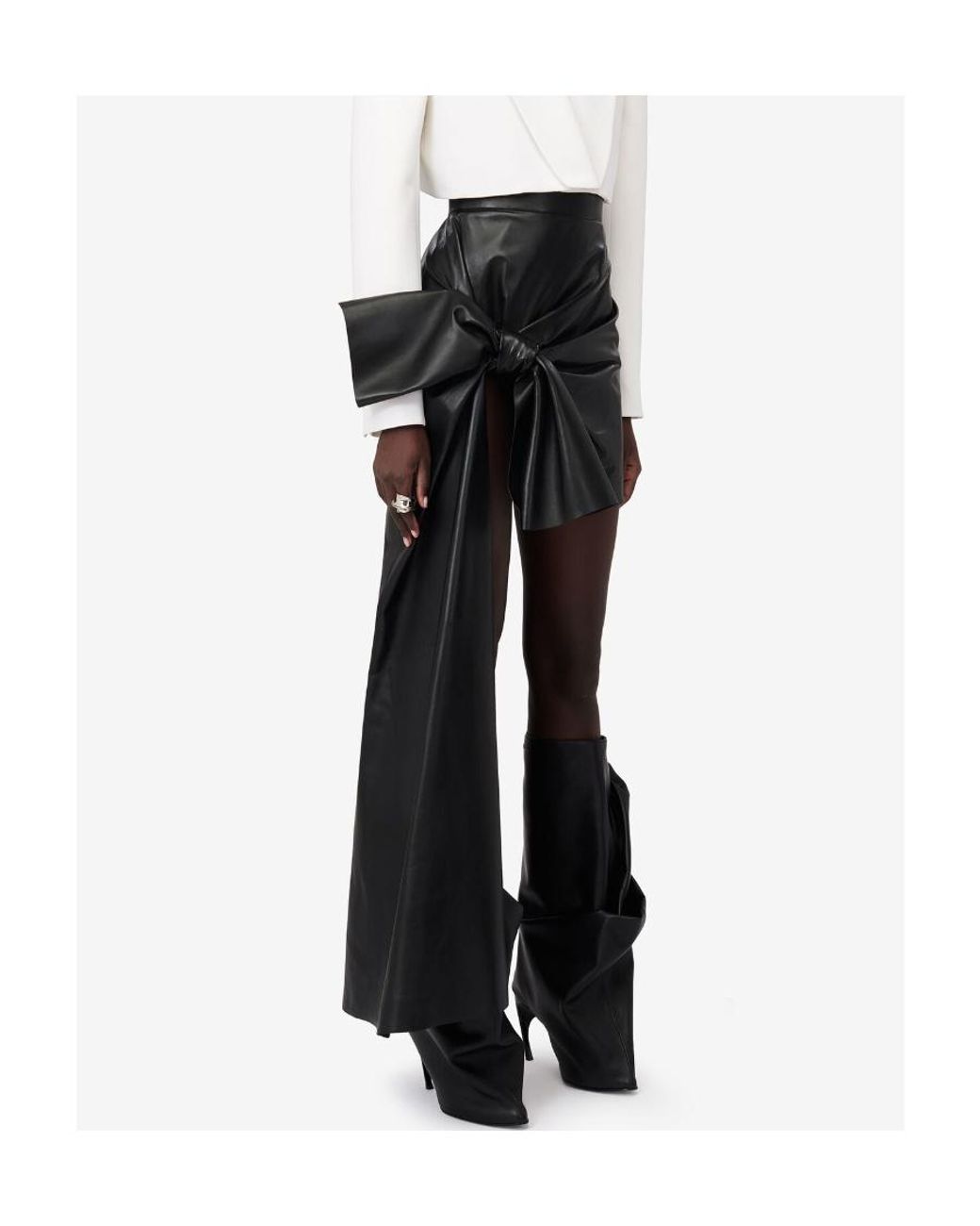 McQueen Black Knotted Drape Leather Mini Skirt