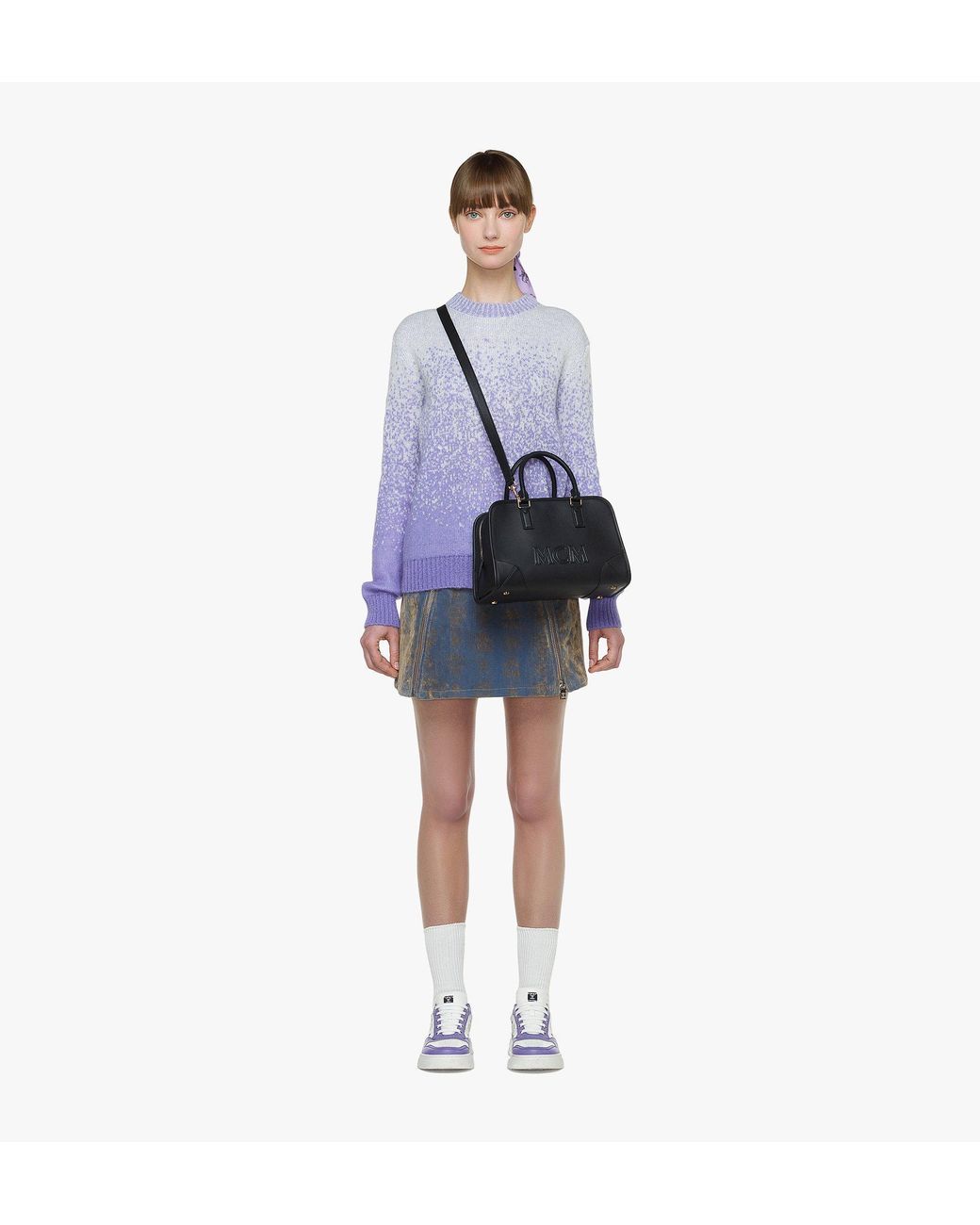 MCM Black Medium Logo Embossed Aren Boston Bag