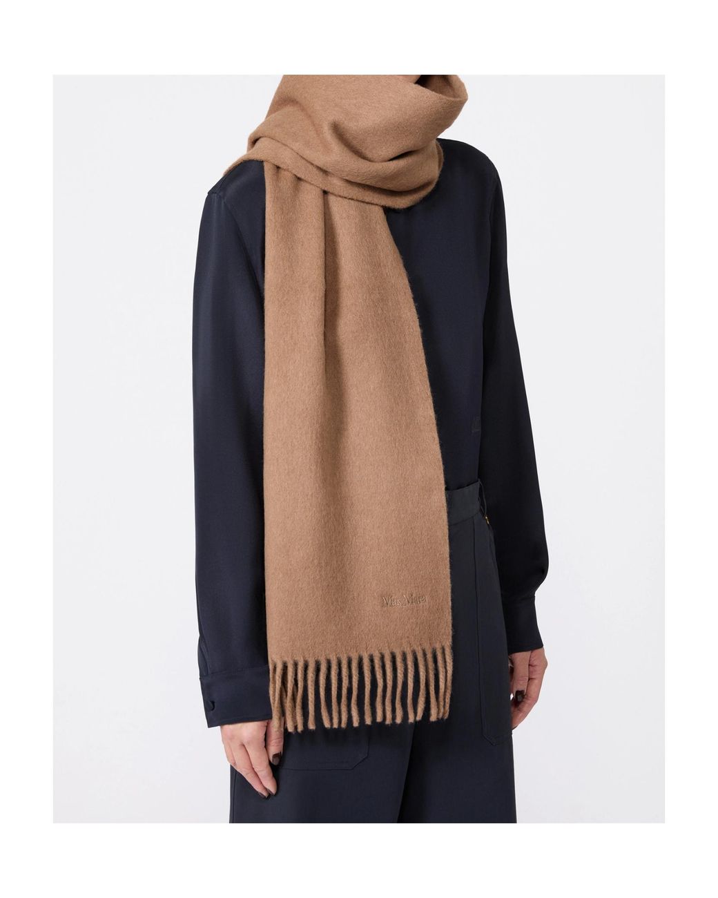 Max Mara Natural Fringed Logo-Embroidered Scarf