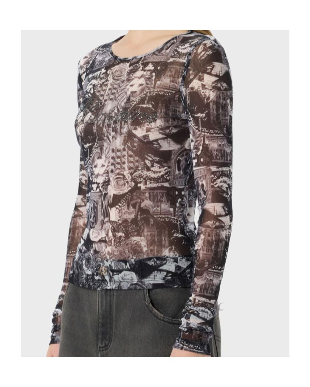 Blumarine Gray Printed Rhinestone Logo Top