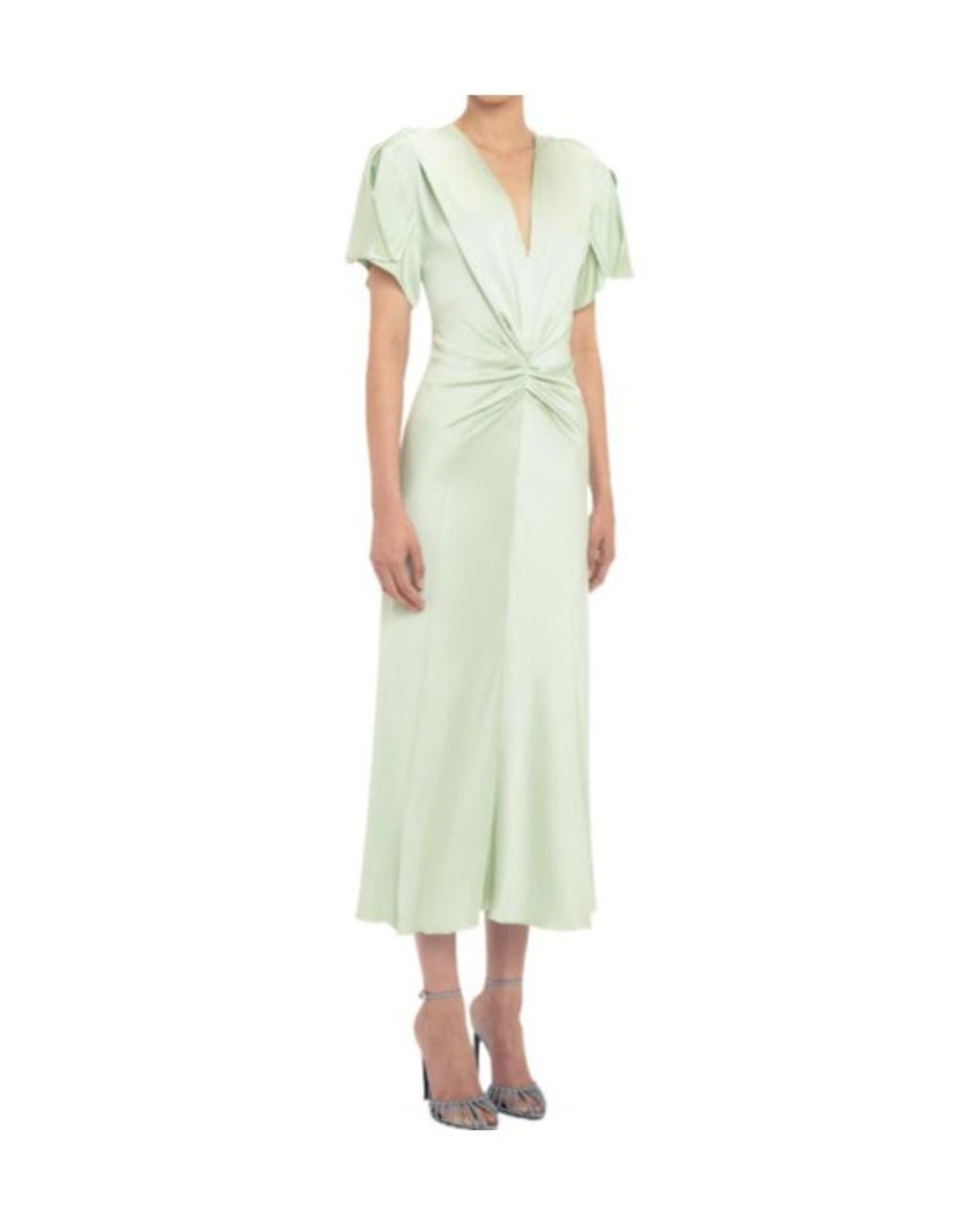 Victoria Beckham Green Gathered V-Neck Midi Dress