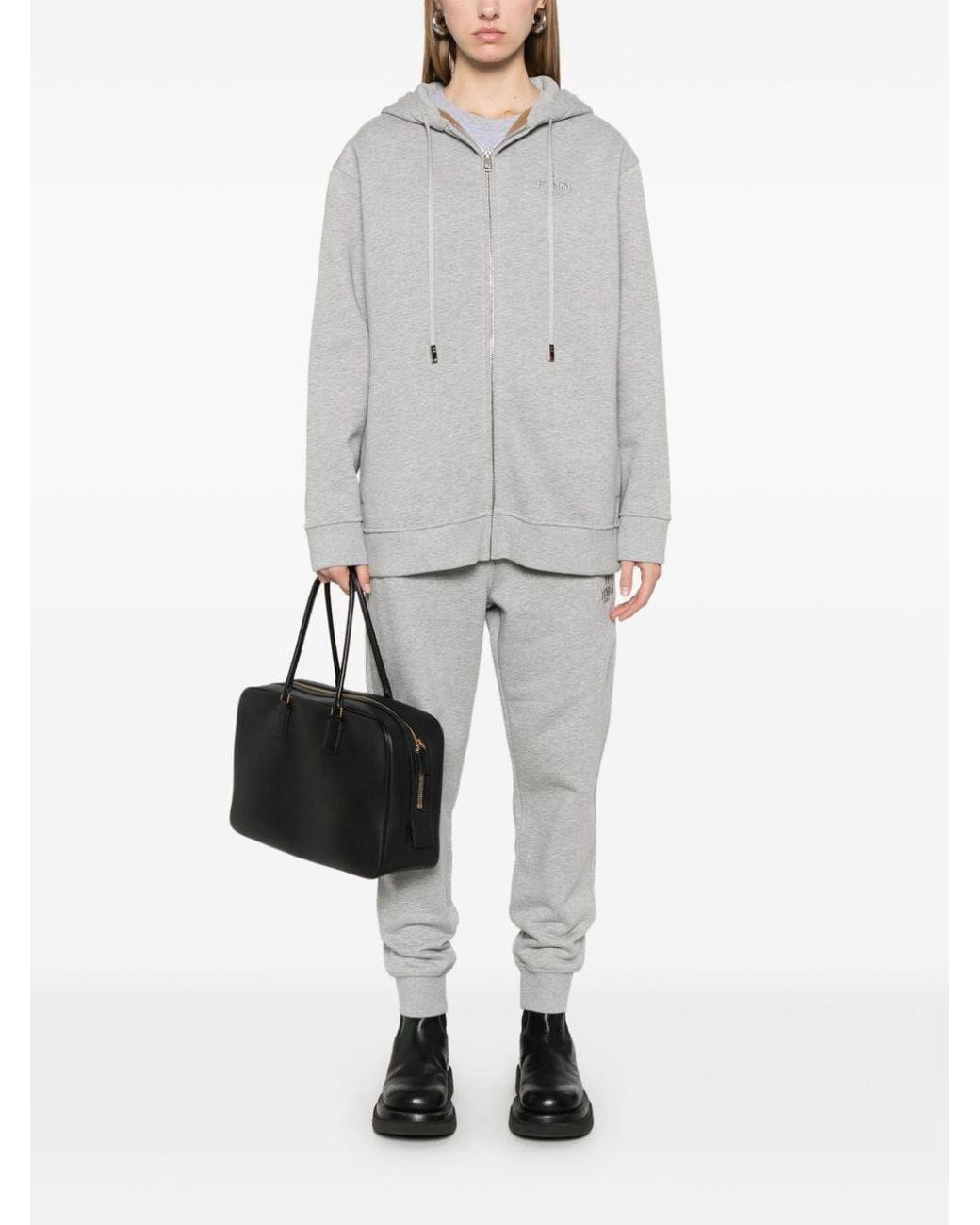 Fendi Gray Logo Embroidered Zip-Up Drawstring Hoodie
