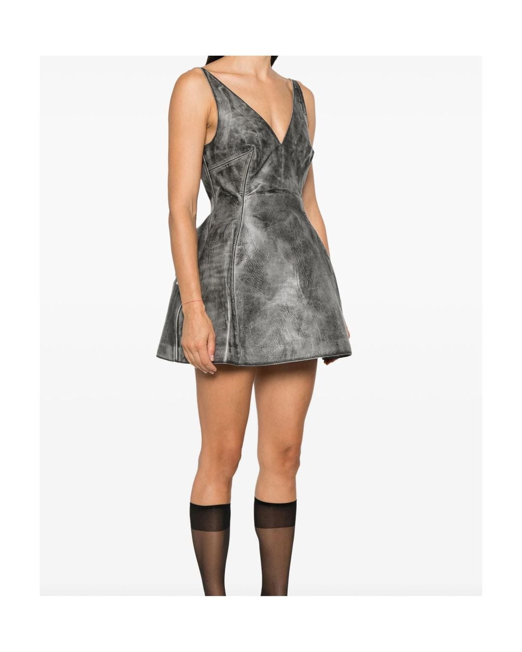 Marni Gray Leather Sleeveless Plunging V-Neck Flared Mini Dress