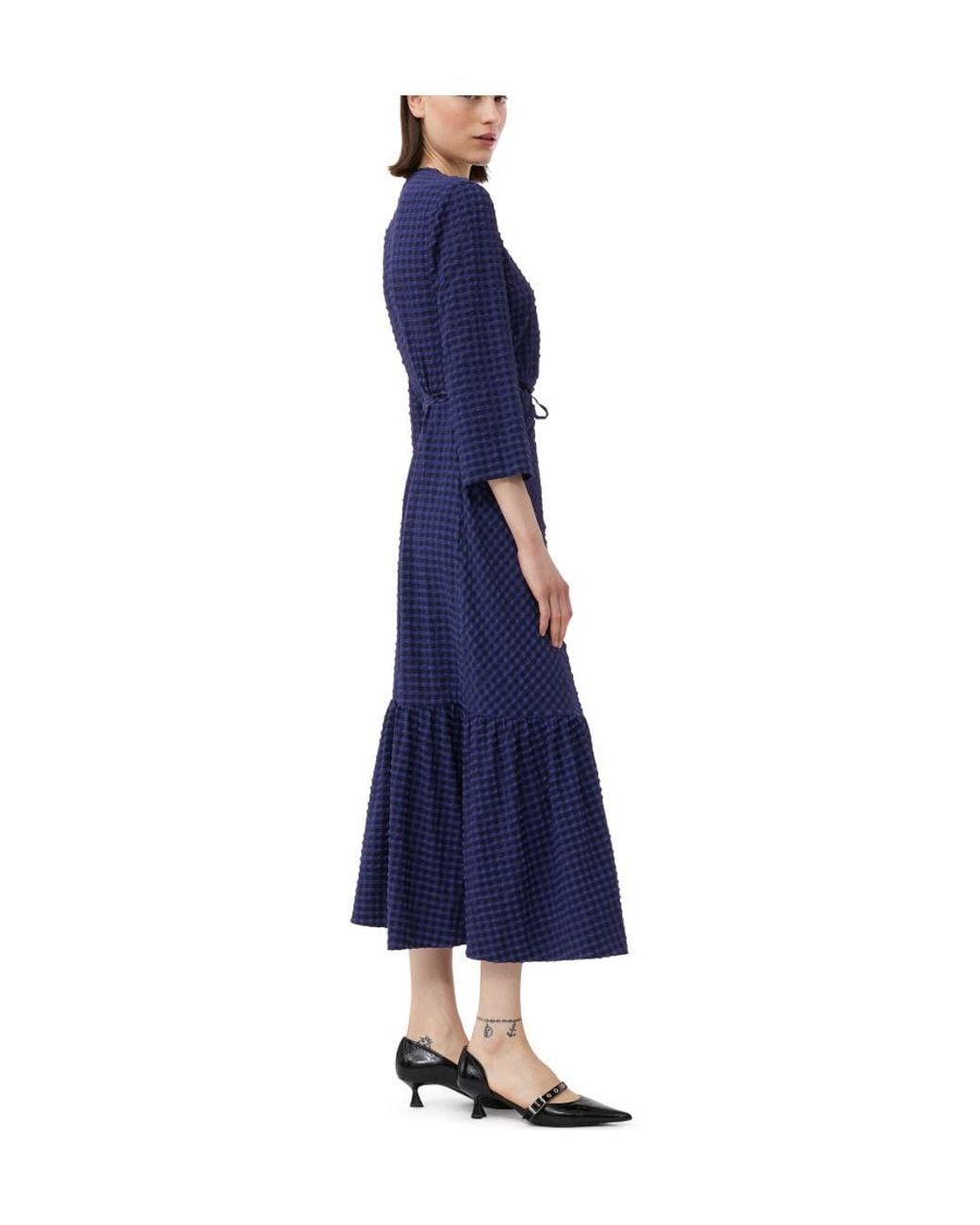 Ganni Blue Checkered Seersucker Gathered Midi Wrap Dress