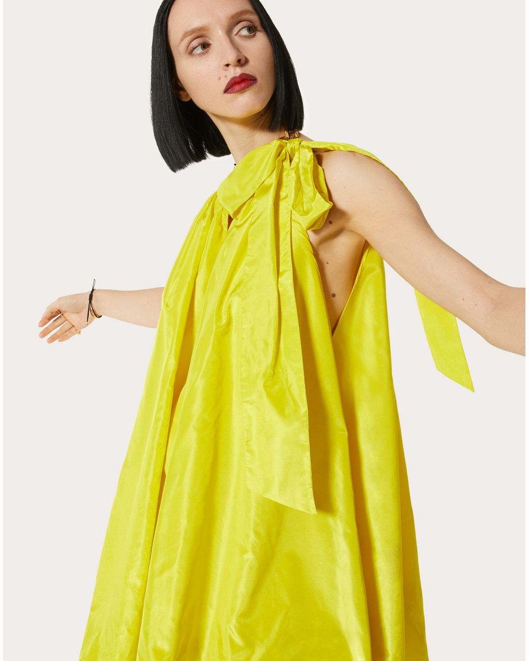 Valentino Yellow Gathered-Neck Silk Shift Dress