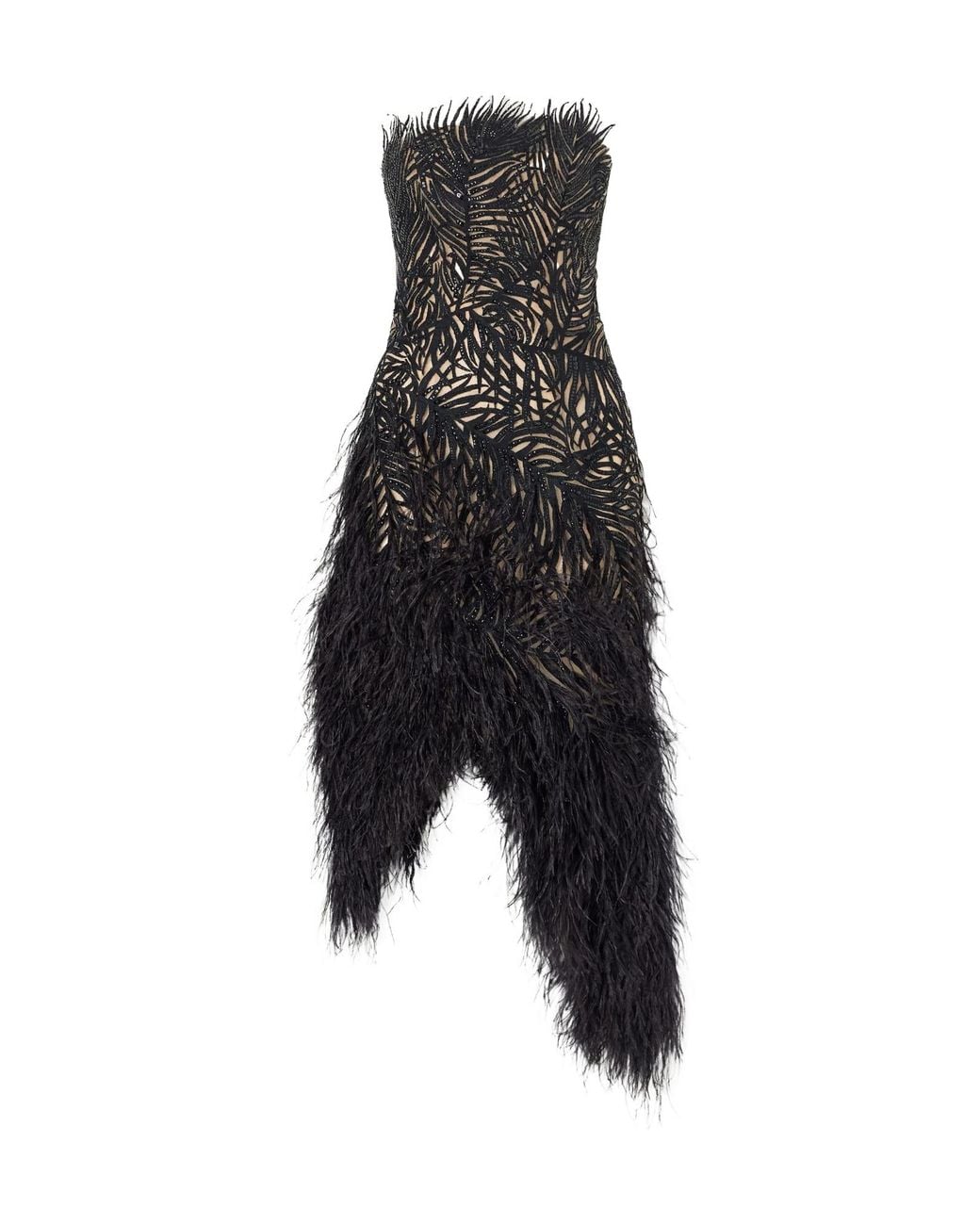 Oscar de la Renta Black Strapless Feather-Trimmed Embroidered Mesh Mini Dress