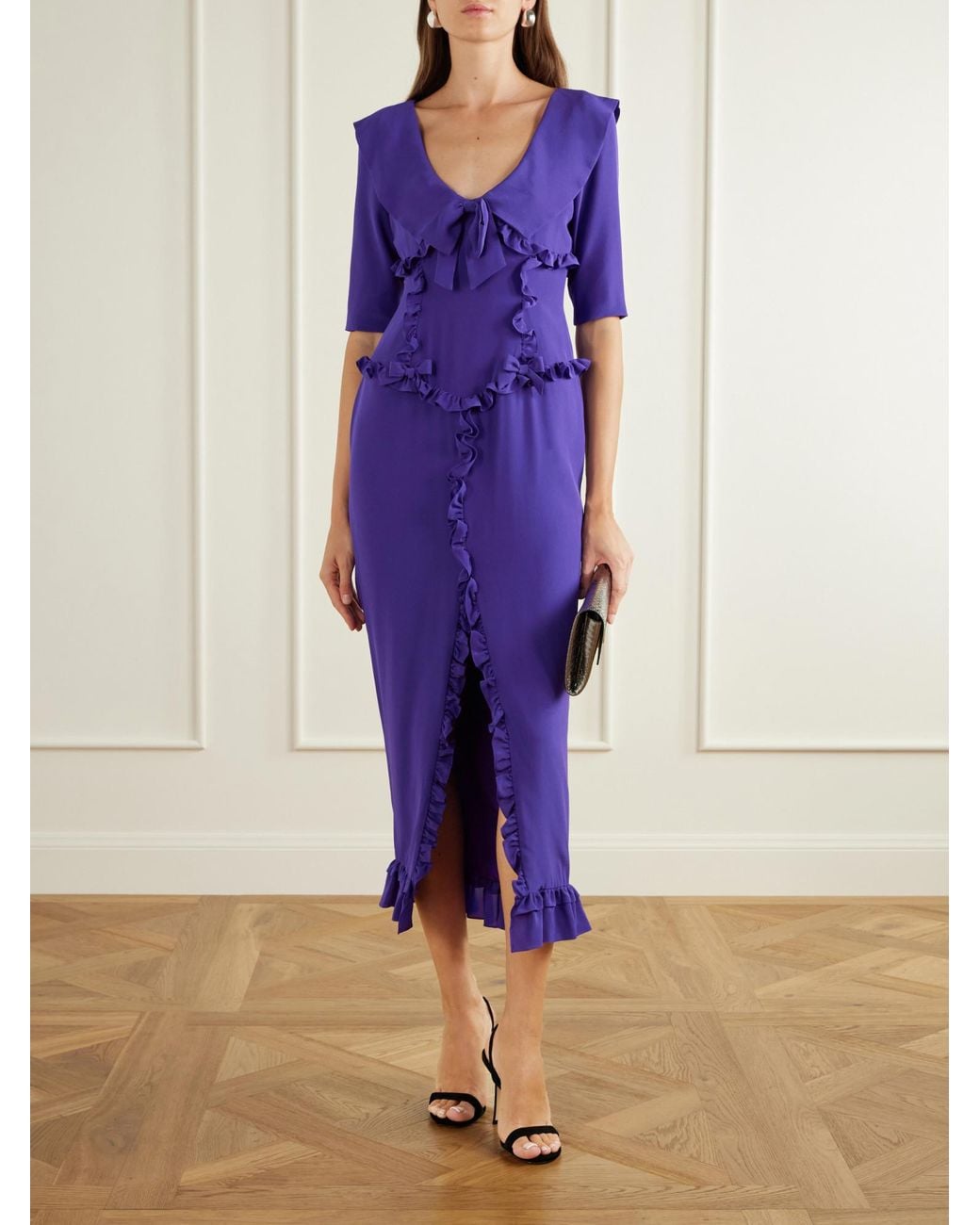 Alessandra Rich Purple Ruffled Silk-Crepe De Chine Midi Dress