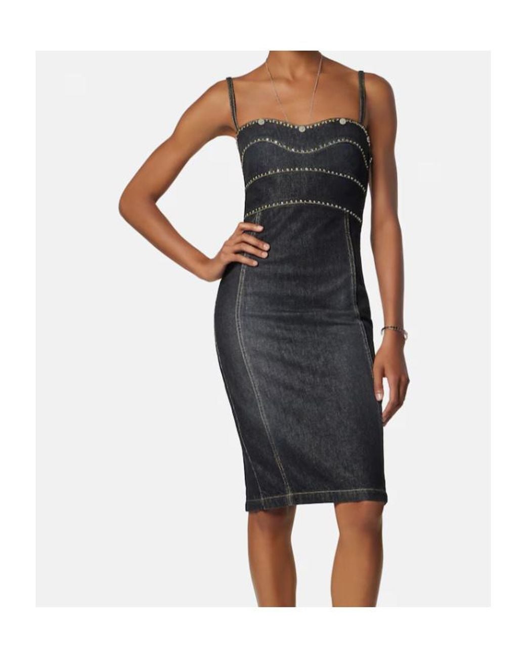 Versace Black Embellished Denim Fitted Midi Dress