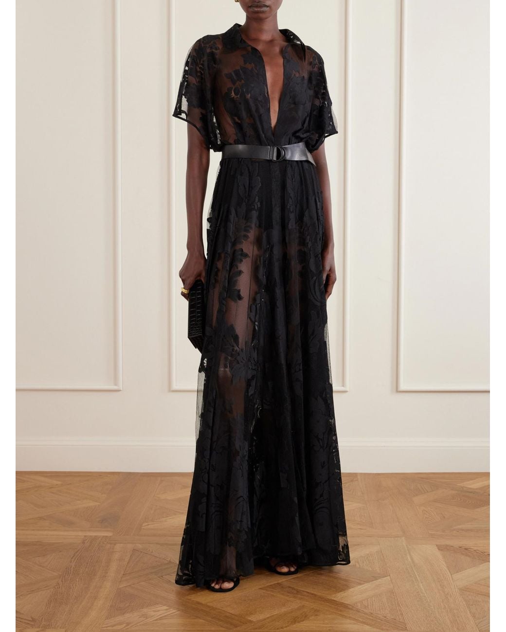 Norma Kamali Black Belted Embroidered Mesh Gown