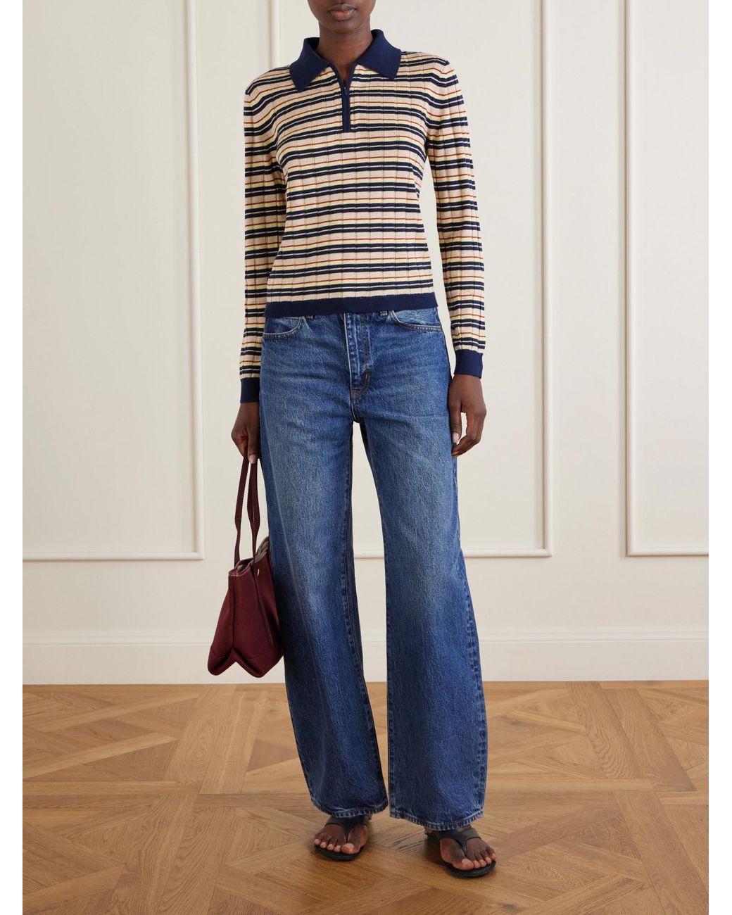 Guest In Residence Blue Striped Silk And Linen-Blend Polo Shirt