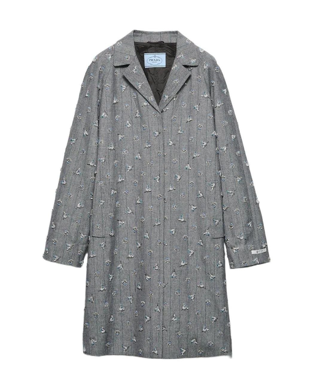 Prada Gray Single-Breasted Embroidered Pinstripe Coat