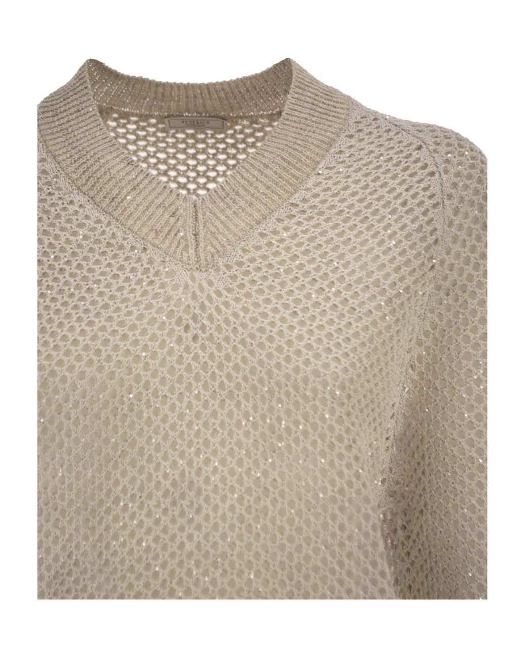 Peserico Natural V-Neck Embellished Mesh Knit Top