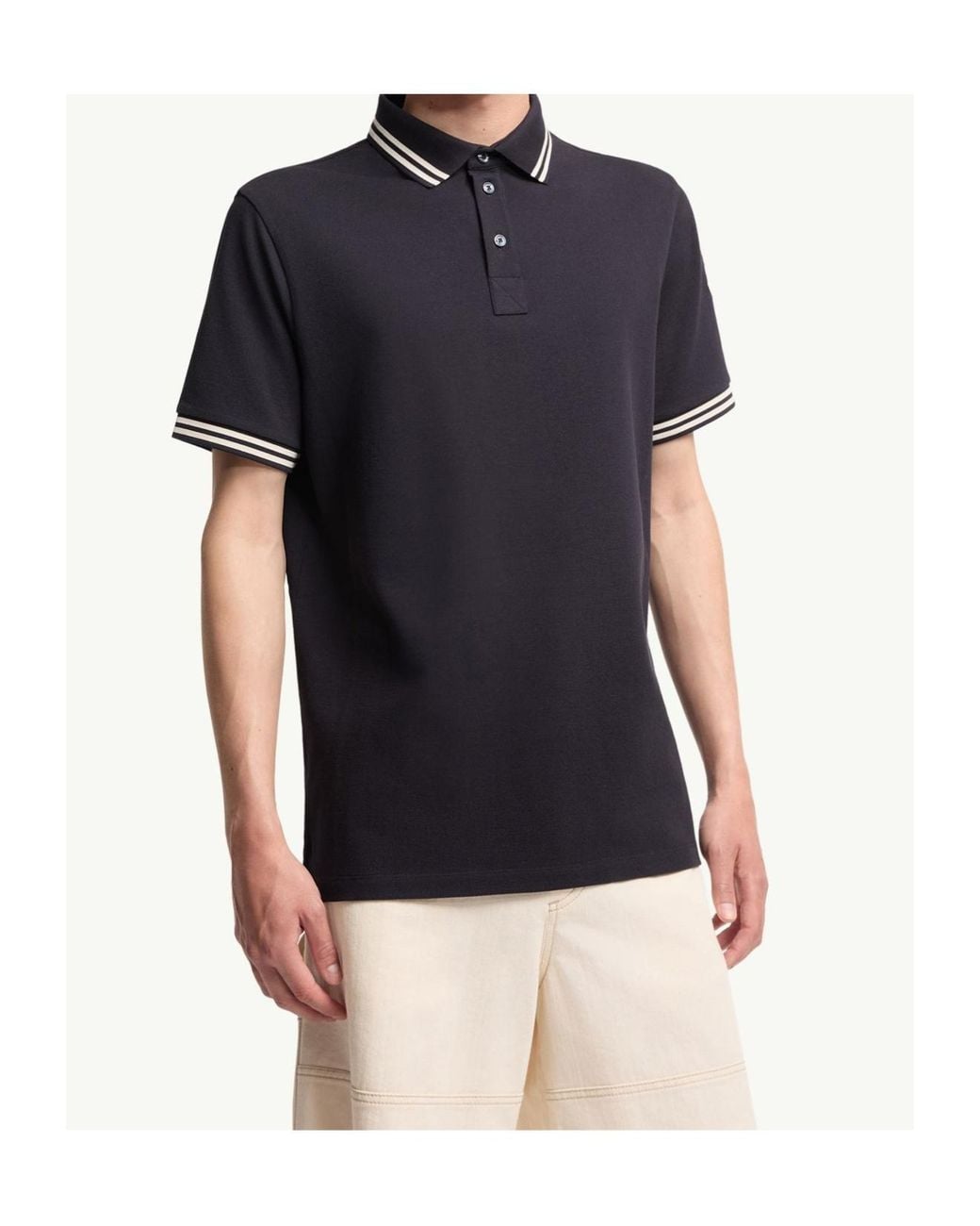 Moncler Black Striped Trim Piquet Polo Shirt for men