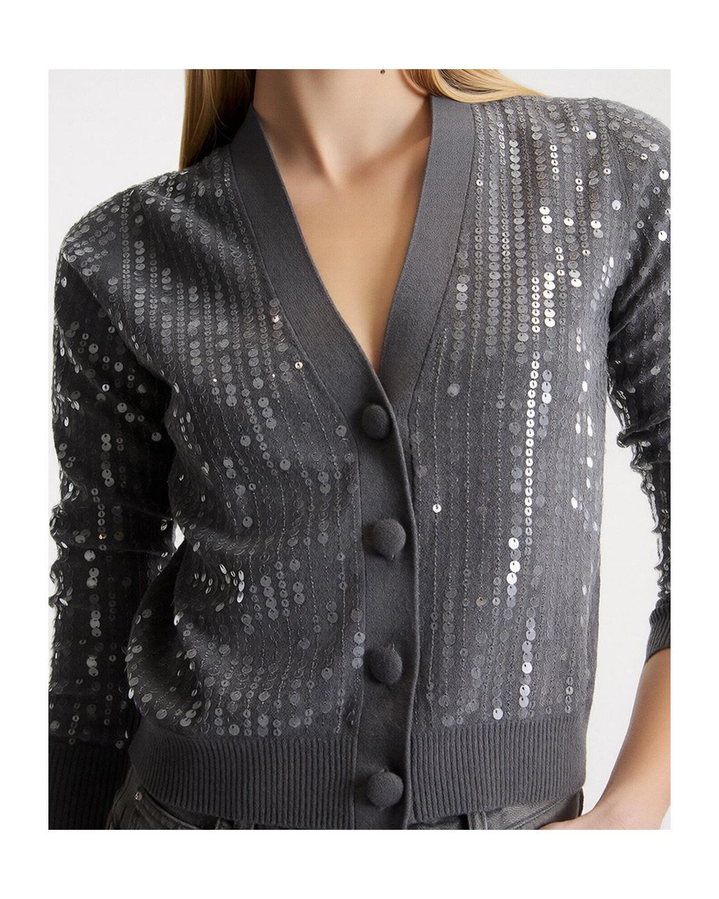 Marella Gray Button-Front Long-Sleeve Knit Top