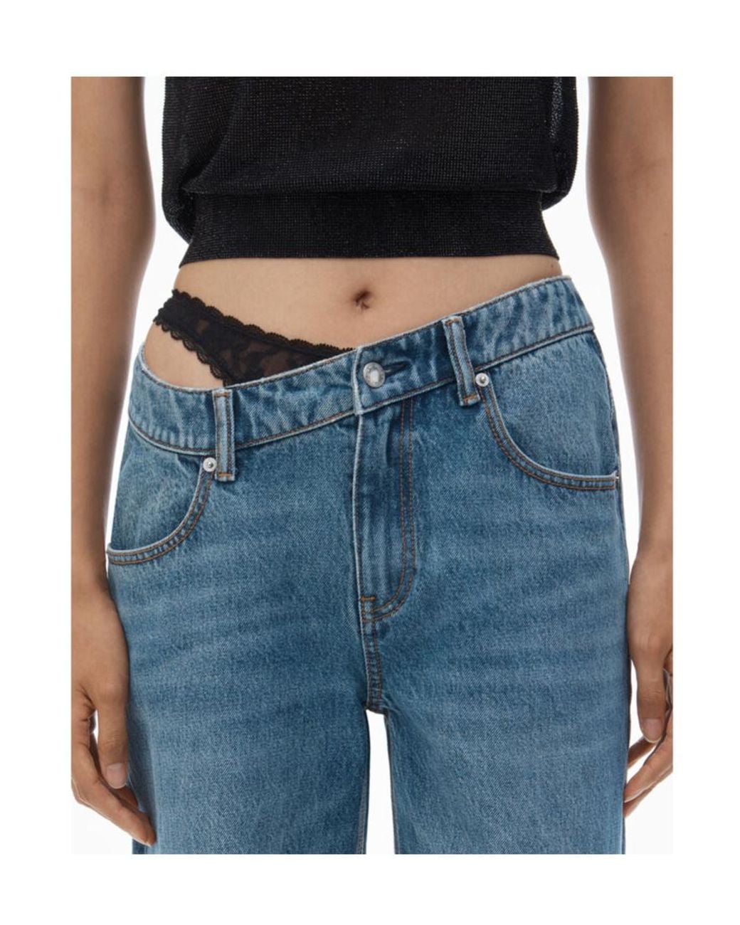 Alexander Wang Blue Asymmetrical Lace-Detailed Jeans