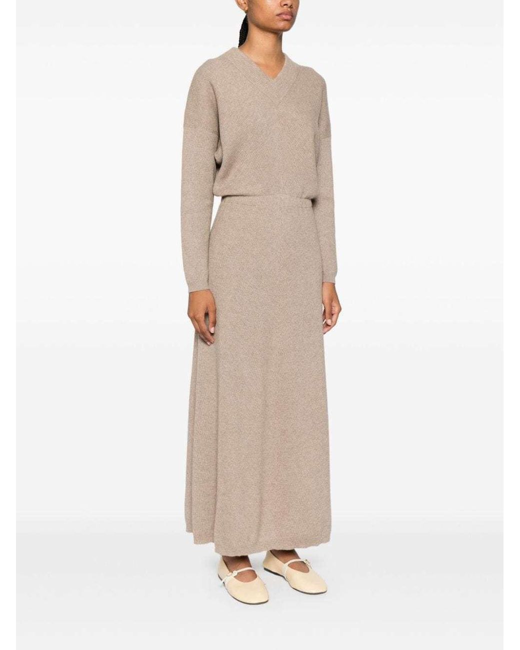 Brunello Cucinelli Natural V-Neck Knitted Maxi Dress