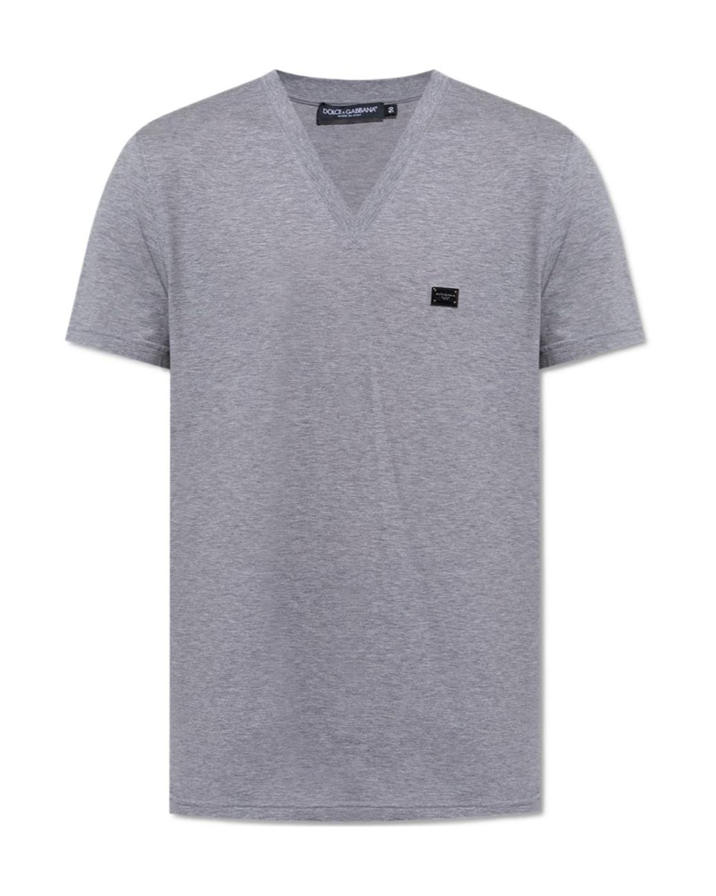 Dolce & Gabbana Gray Logo Plaque V-Neck T-Shirt for men