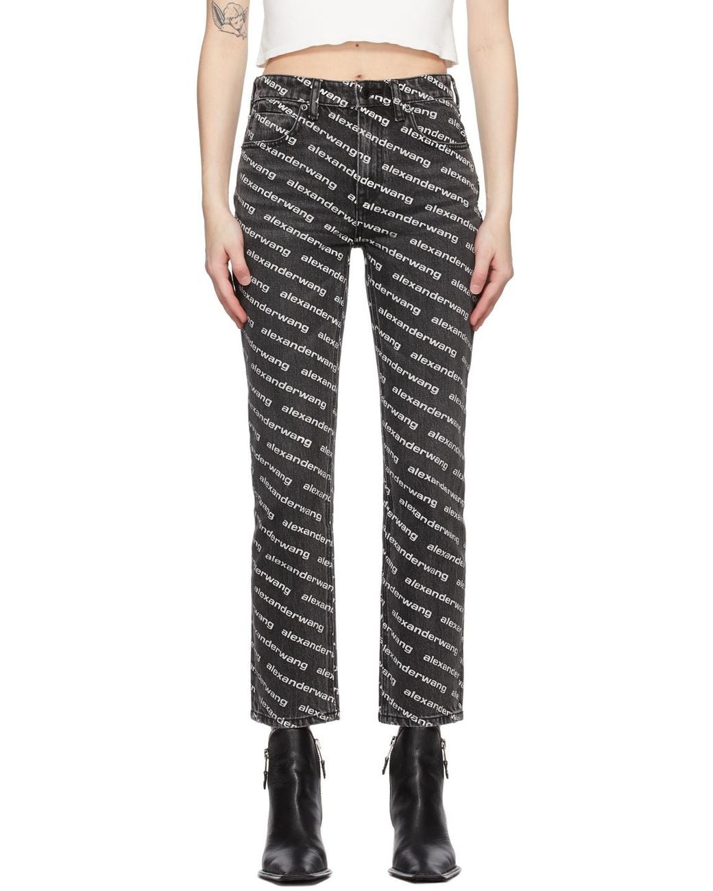 Alexander Wang Gray Mid-Rise Logo-Print Flared Trousers