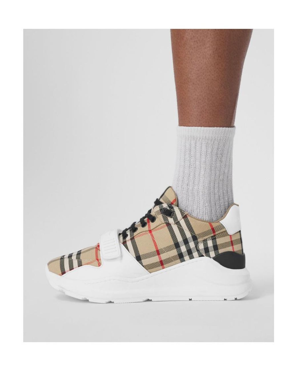 Burberry White Checked Lace-Up Sneakers for men