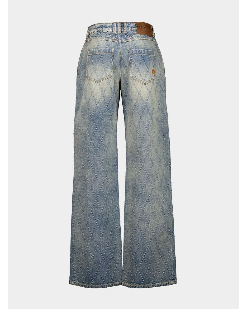 Balmain Blue Diamond-Quilted Wide-Leg Jeans