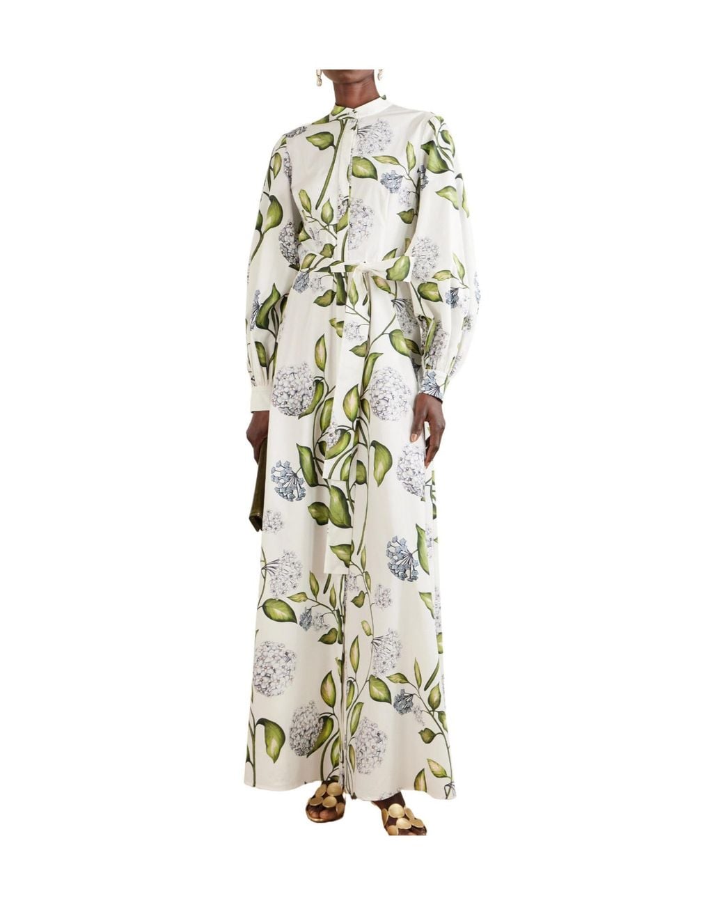 Oscar de la Renta Green Belted Floral-Print Cotton-Poplin Dress