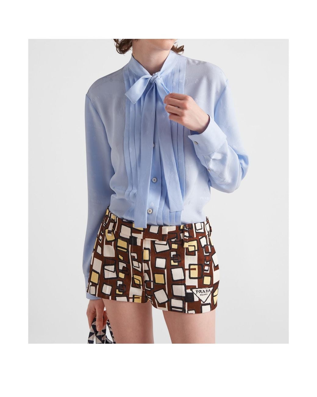 Prada Blue Jacquard Crepe De Chine Blouse