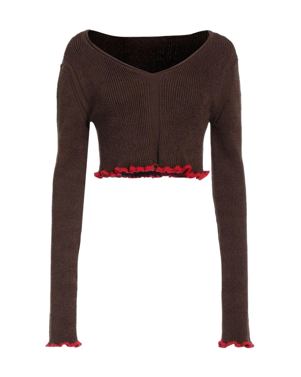 Jacquemus Brown Solid-Colored V-Neck Cropped Knit Top