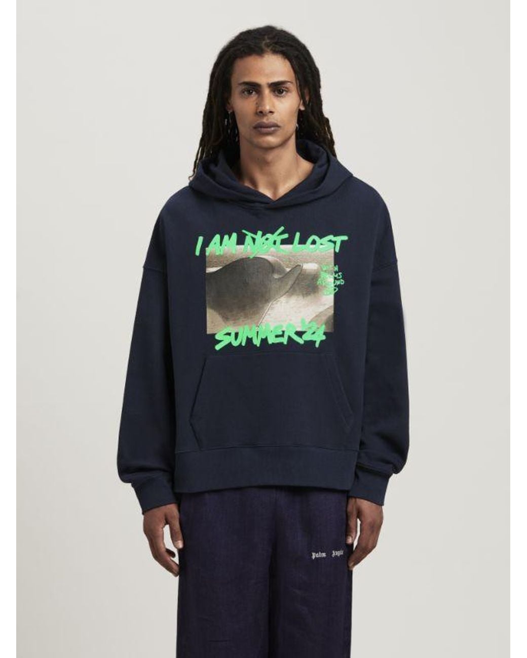 Palm Angels Blue Graphic-Print Cotton Hoodie for men