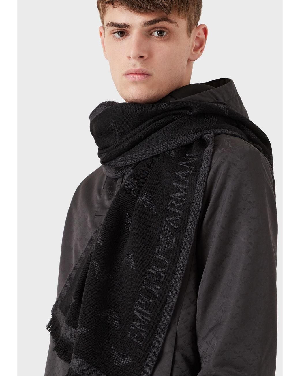 Emporio Armani Black Logo Embroidered Frayed Edge Knitted Scarf for men